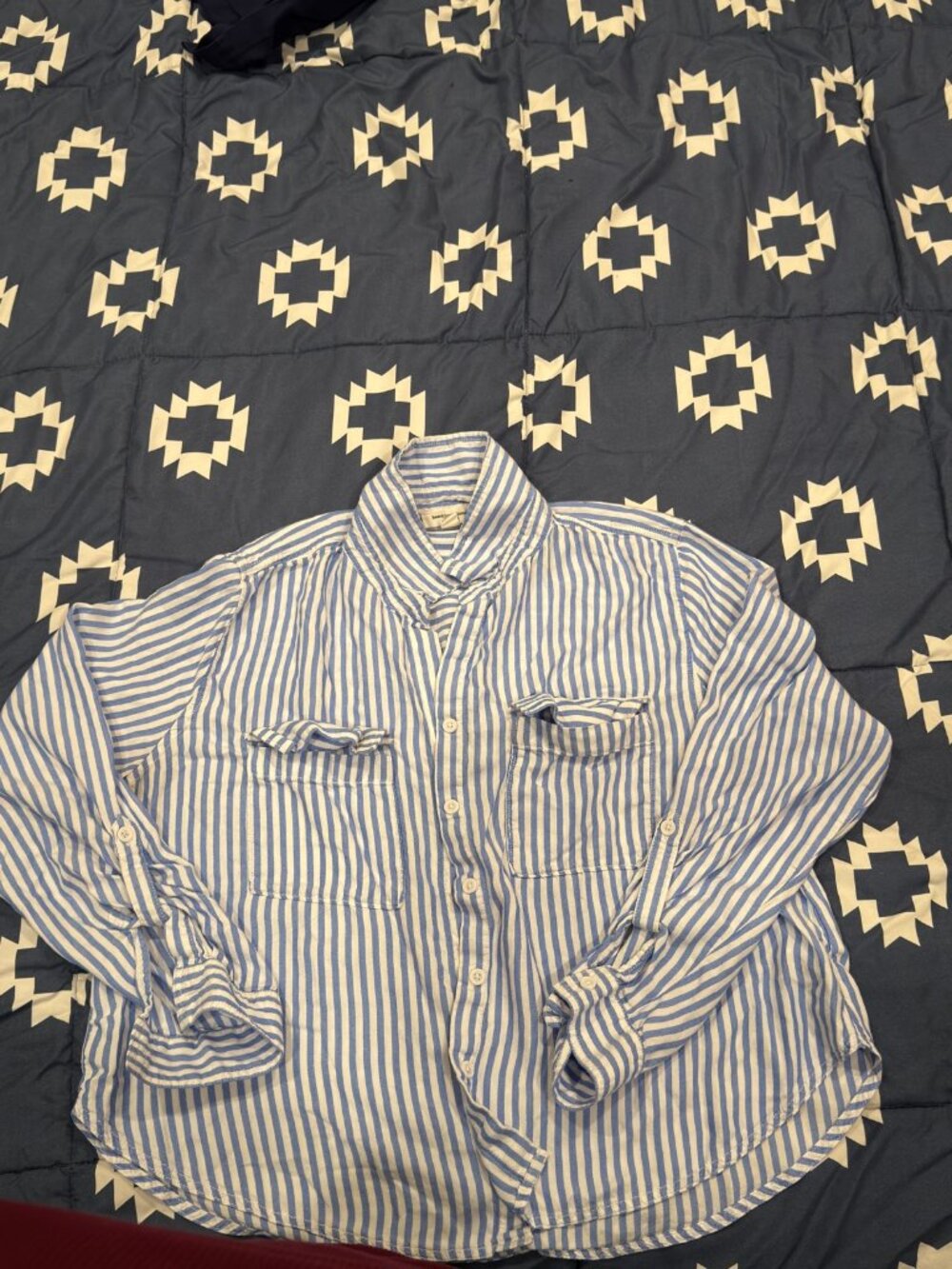 Blue & White Striped Button-Up Blouse – Roll-Tab Sleeves, Size L